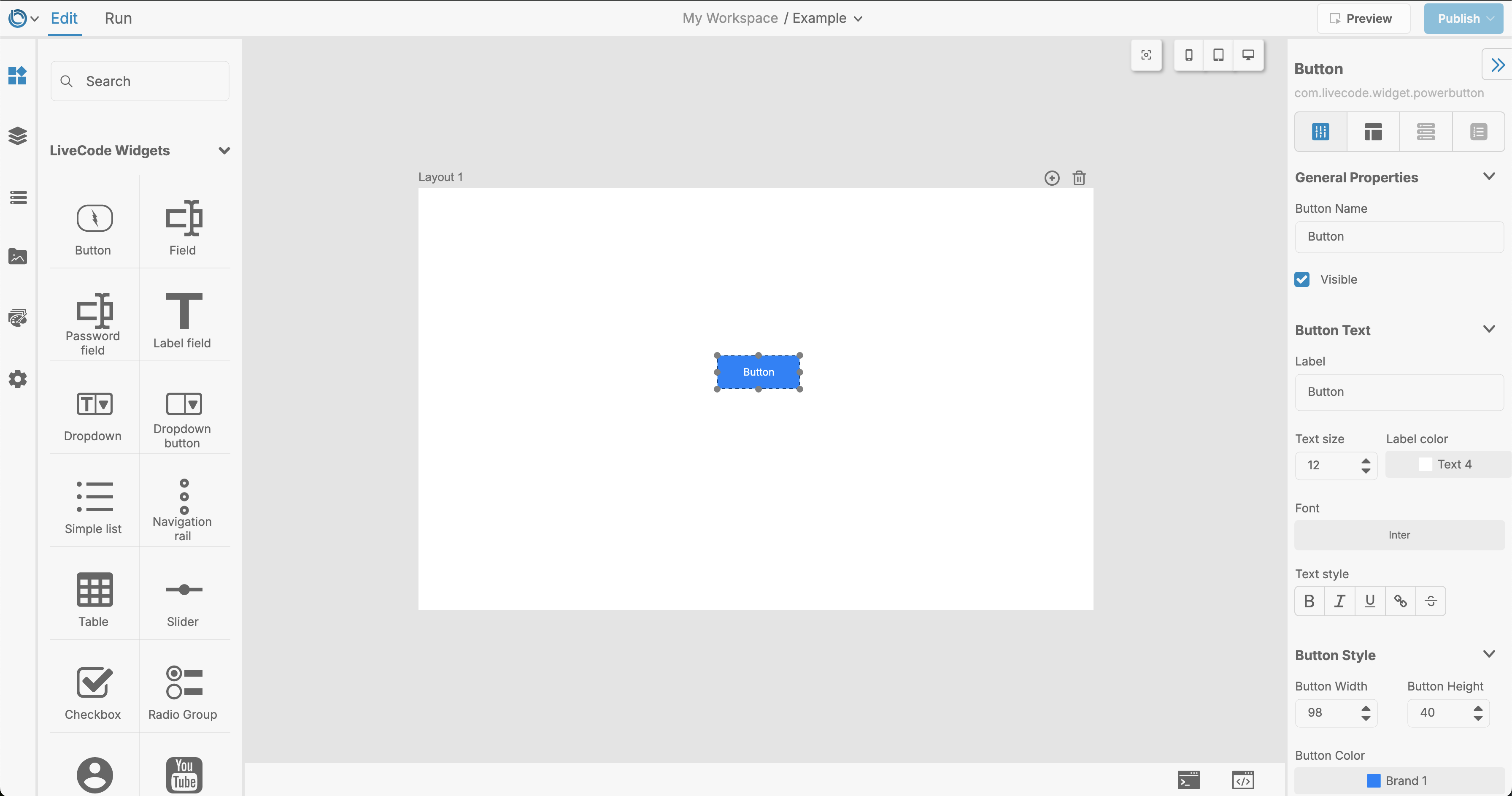 Image of the Tools Palette with the Button widget highlighted