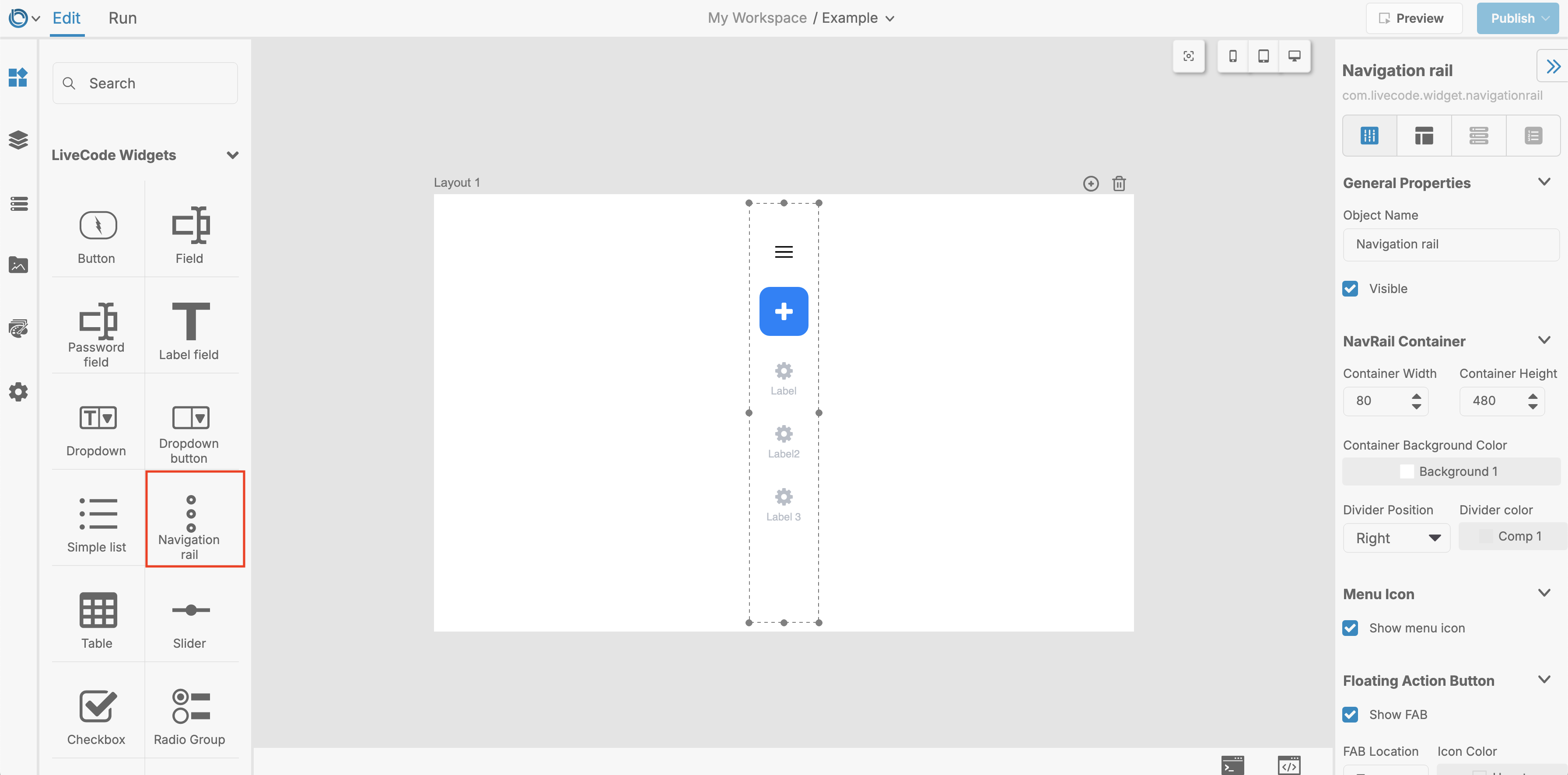 Image showing the Navigation Rail widget added to a layout