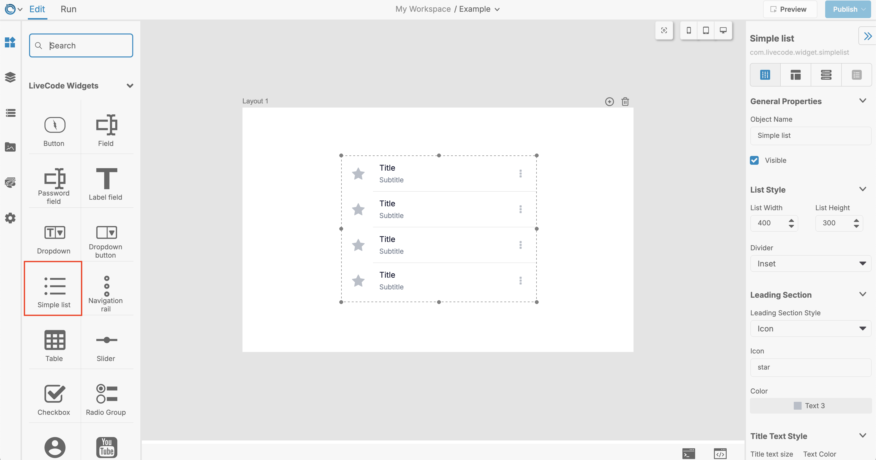 Image showing the Simple List widget being added to a layout